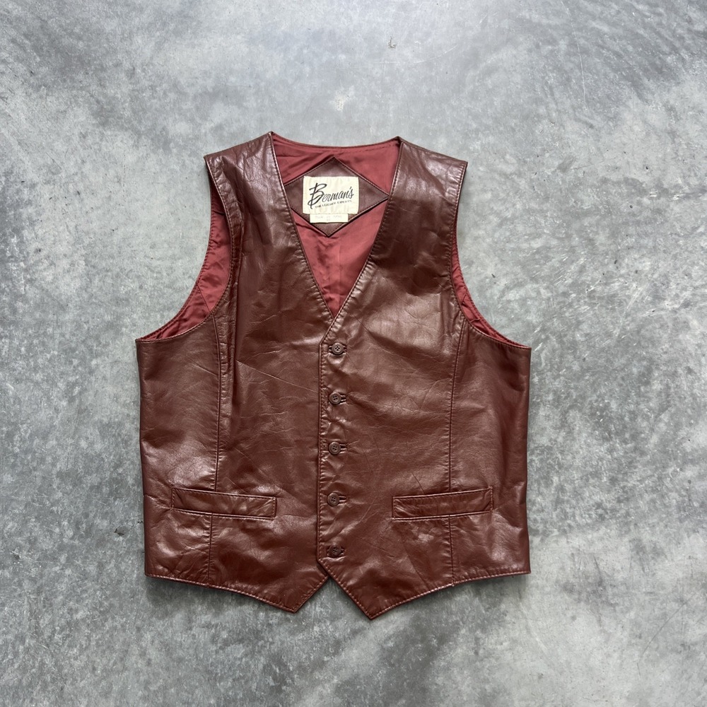 Bermans Vintage Mens Brown Leather Vest Waistcoat Size 42 Button Front 5-Button